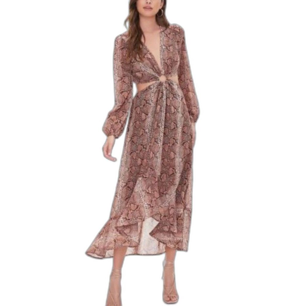 Hint Of Blush Women's Brown Tan Sheer Snakeskin Cut-Out Boho Hi-Low Dress Sz XL